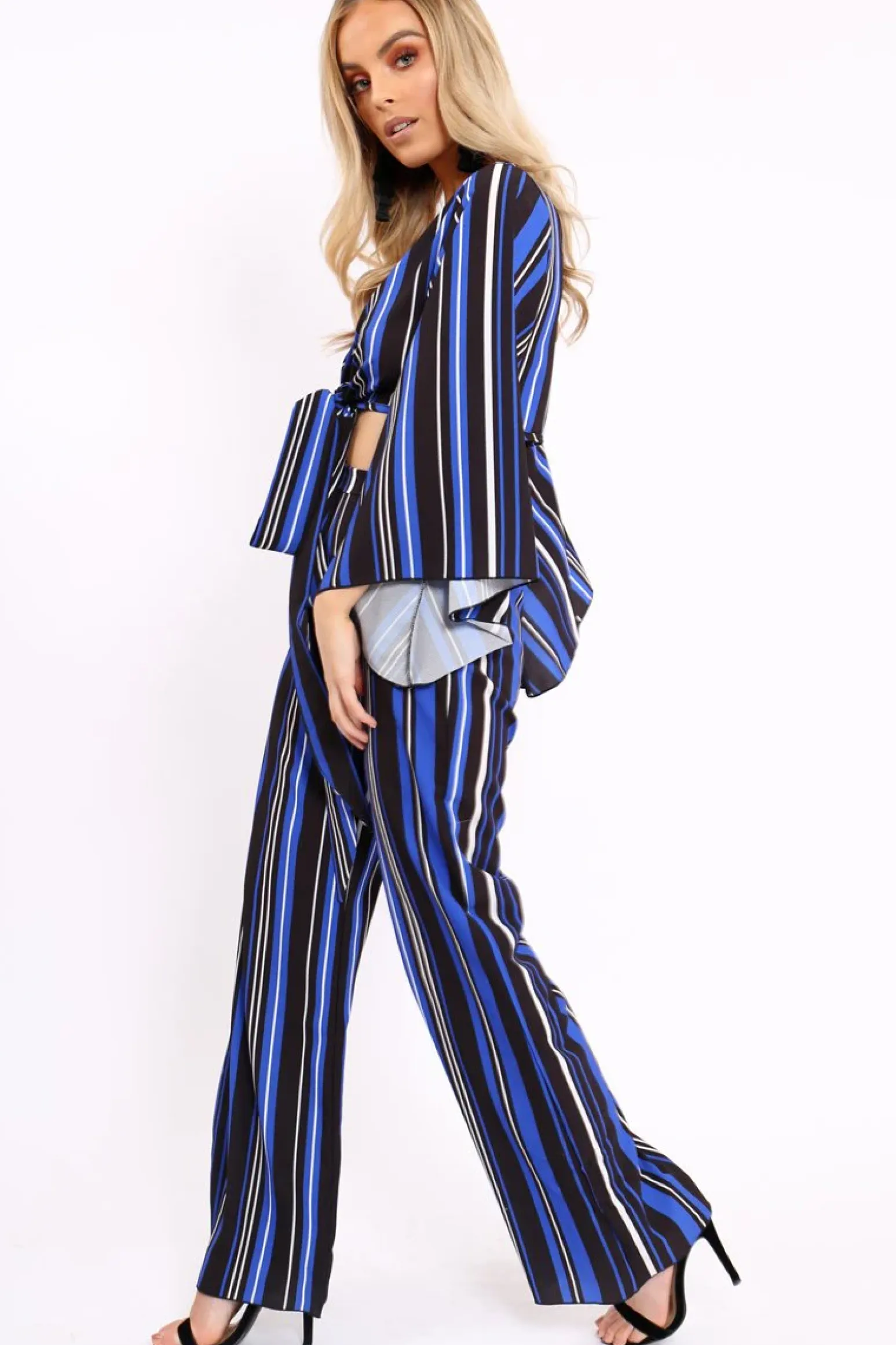 Rebellious Fashion Royal Blue, Black and White Striped High Waist Flare Trousers - Jen