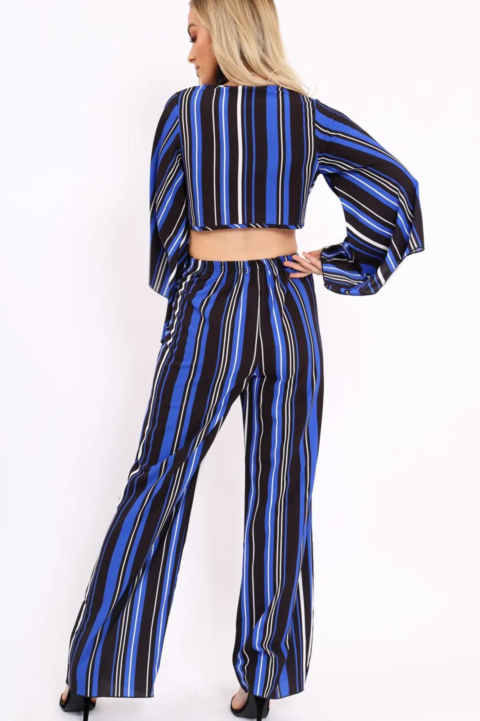 Rebellious Fashion Royal Blue, Black and White Striped High Waist Flare Trousers - Jen