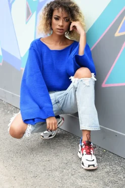 Rebellious Fashion Royal Blue Cropped Batwing Jumper - Carmin