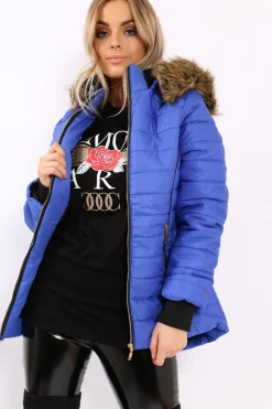 Rebellious Fashion Royal Blue Padded Coat with Fur Hood - Francesca