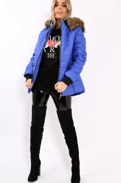 Rebellious Fashion Royal Blue Padded Coat with Fur Hood - Francesca