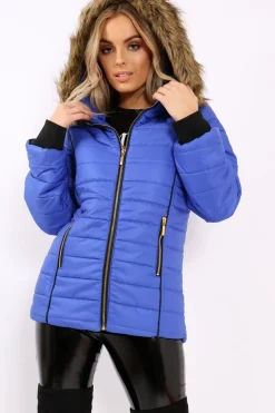 Rebellious Fashion Royal Blue Padded Coat with Fur Hood - Francesca