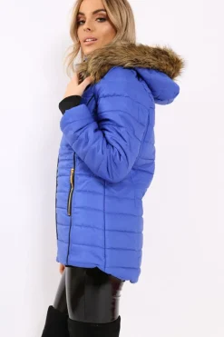 Rebellious Fashion Royal Blue Padded Coat with Fur Hood - Francesca