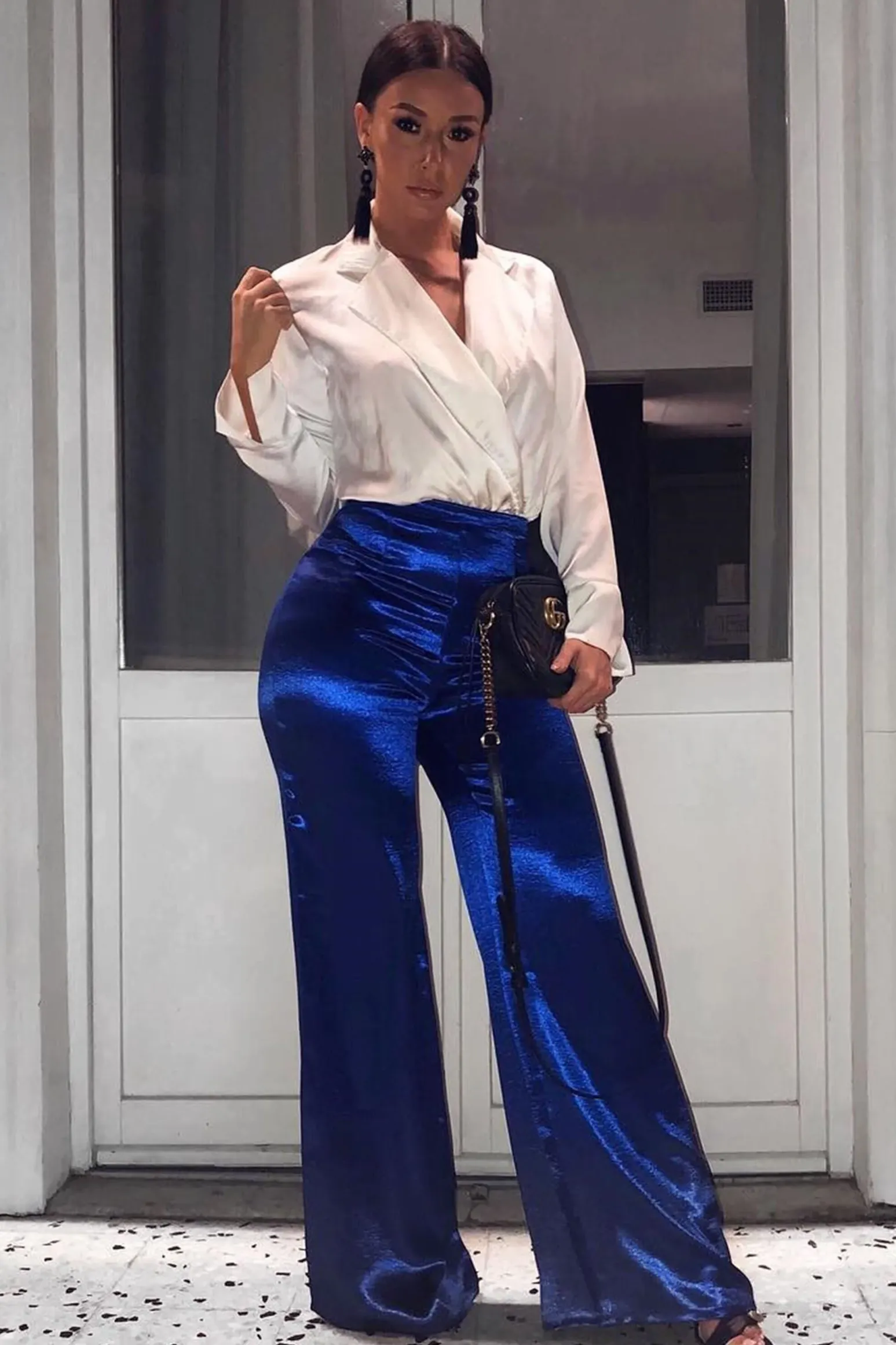 Rebellious Fashion Royal Blue Satin High Waist Flare Trousers -Tisha