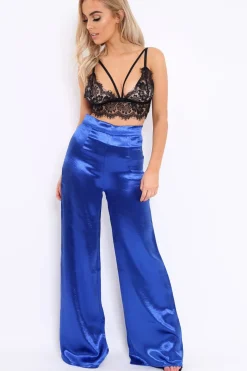 Rebellious Fashion Royal Blue Satin High Waist Flare Trousers -Tisha