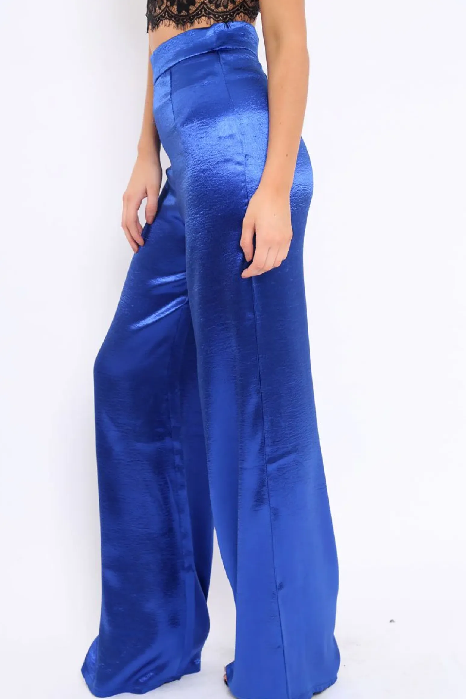 Rebellious Fashion Royal Blue Satin High Waist Flare Trousers -Tisha