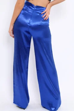 Rebellious Fashion Royal Blue Satin High Waist Flare Trousers -Tisha