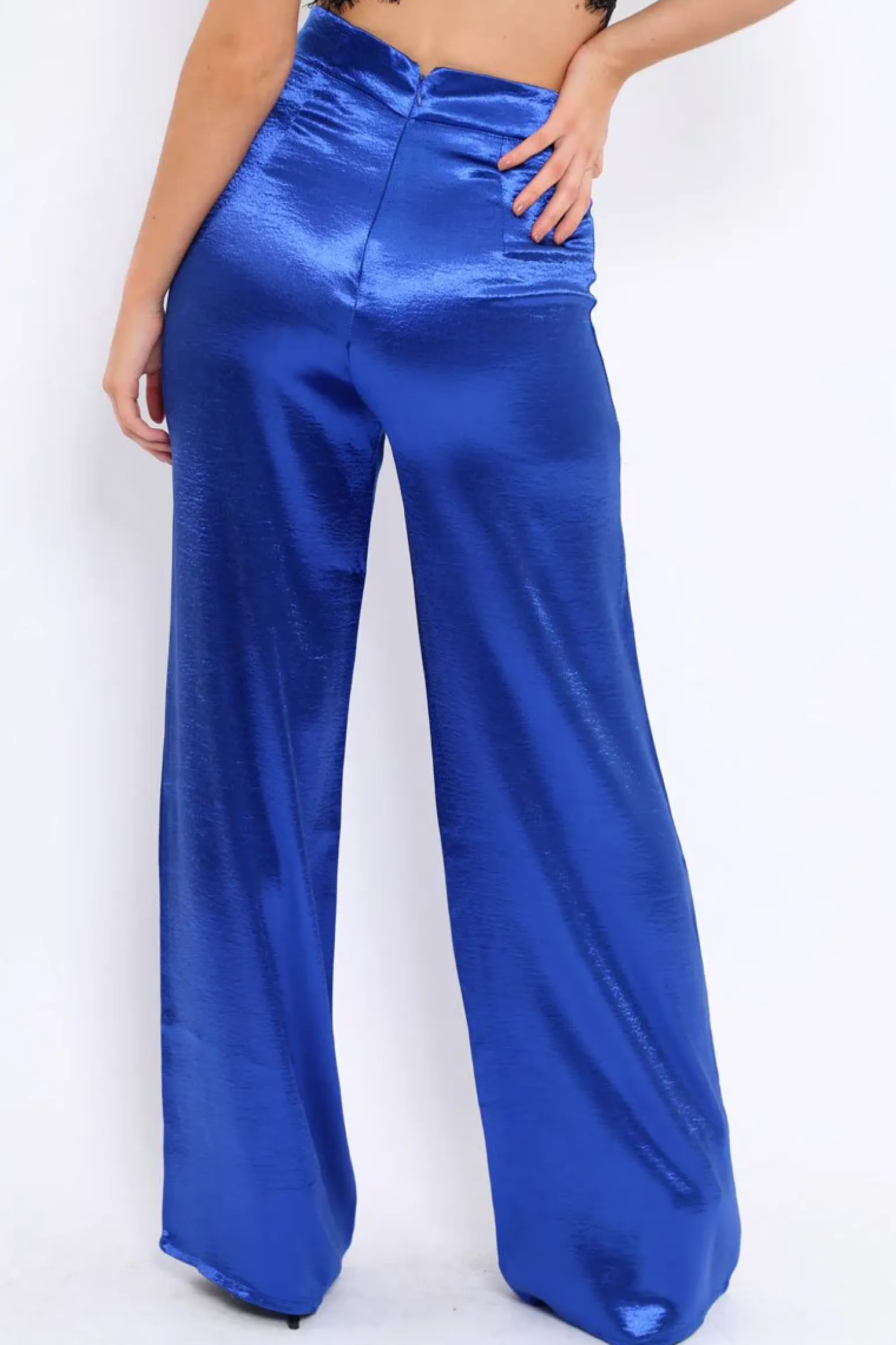 Rebellious Fashion Royal Blue Satin High Waist Flare Trousers -Tisha