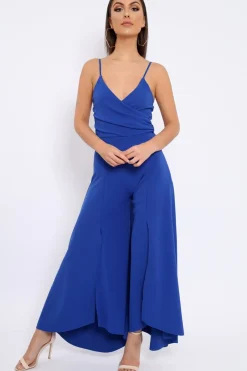 Rebellious Fashion Royal Blue Split Flared Jumpsuit - Francisca