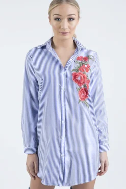 Rebellious Fashion Royal Blue Striped Embroidered Oversized Shirt - Kaya