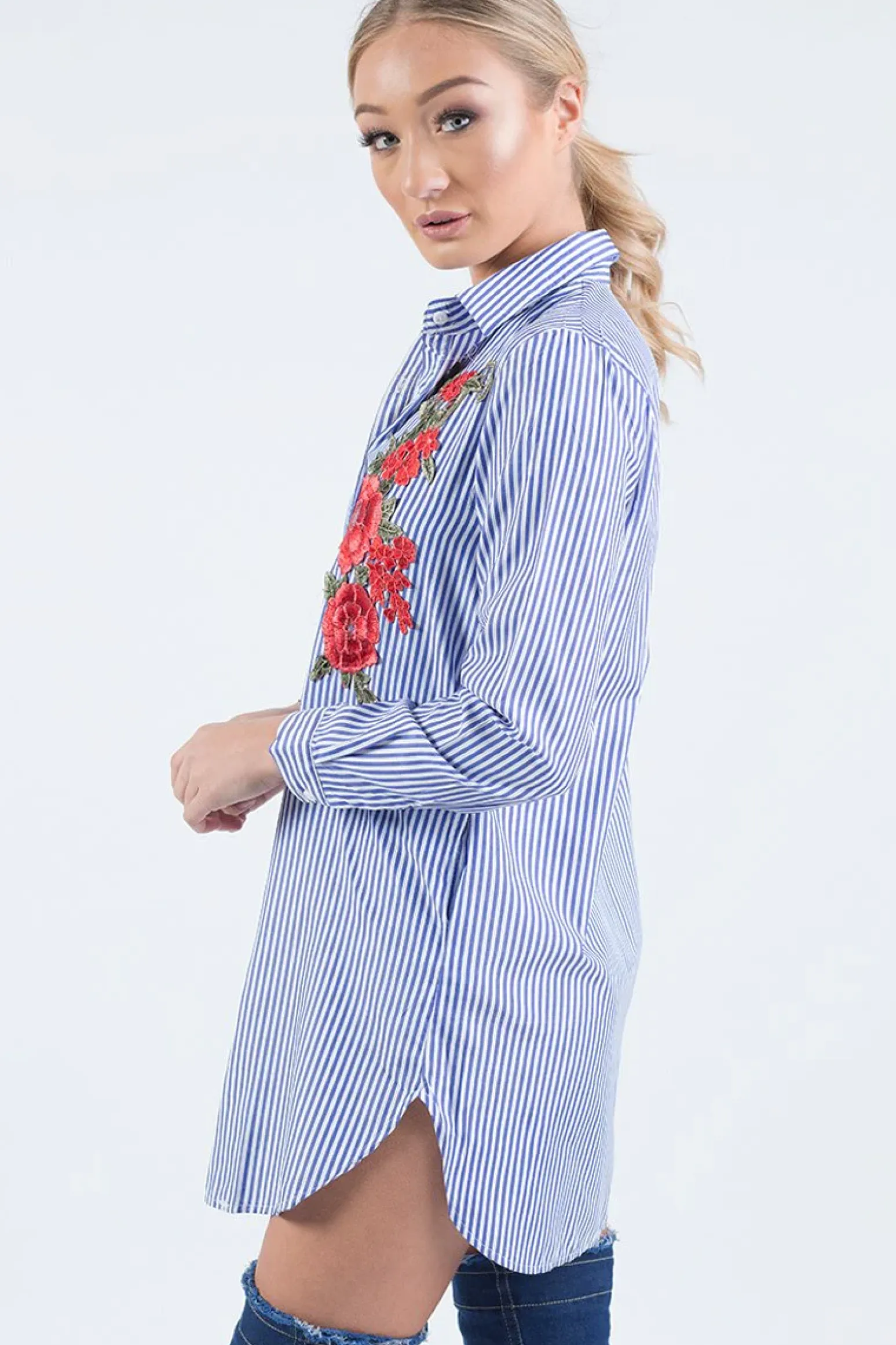 Rebellious Fashion Royal Blue Striped Embroidered Oversized Shirt - Kaya