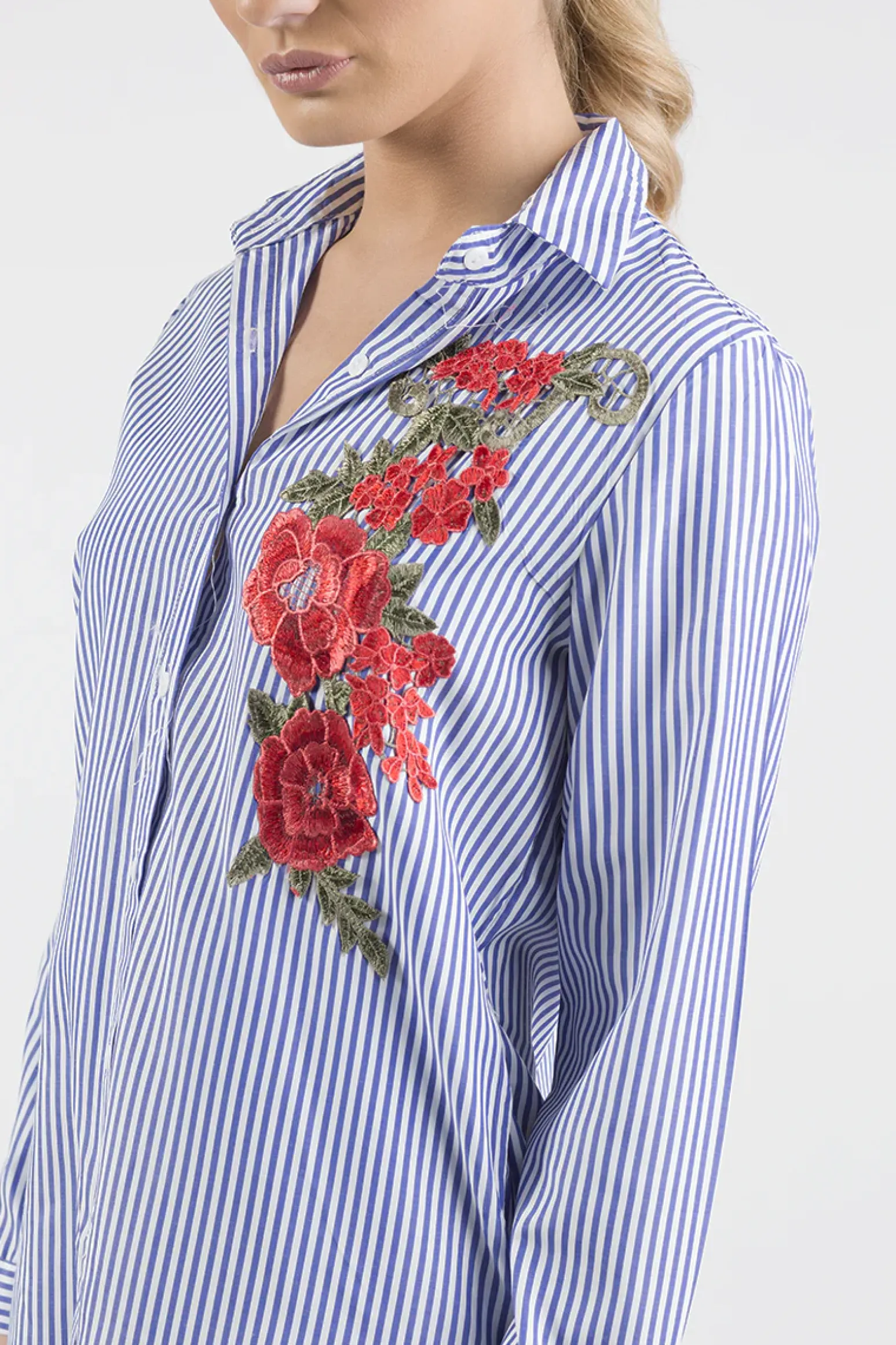 Rebellious Fashion Royal Blue Striped Embroidered Oversized Shirt - Kaya