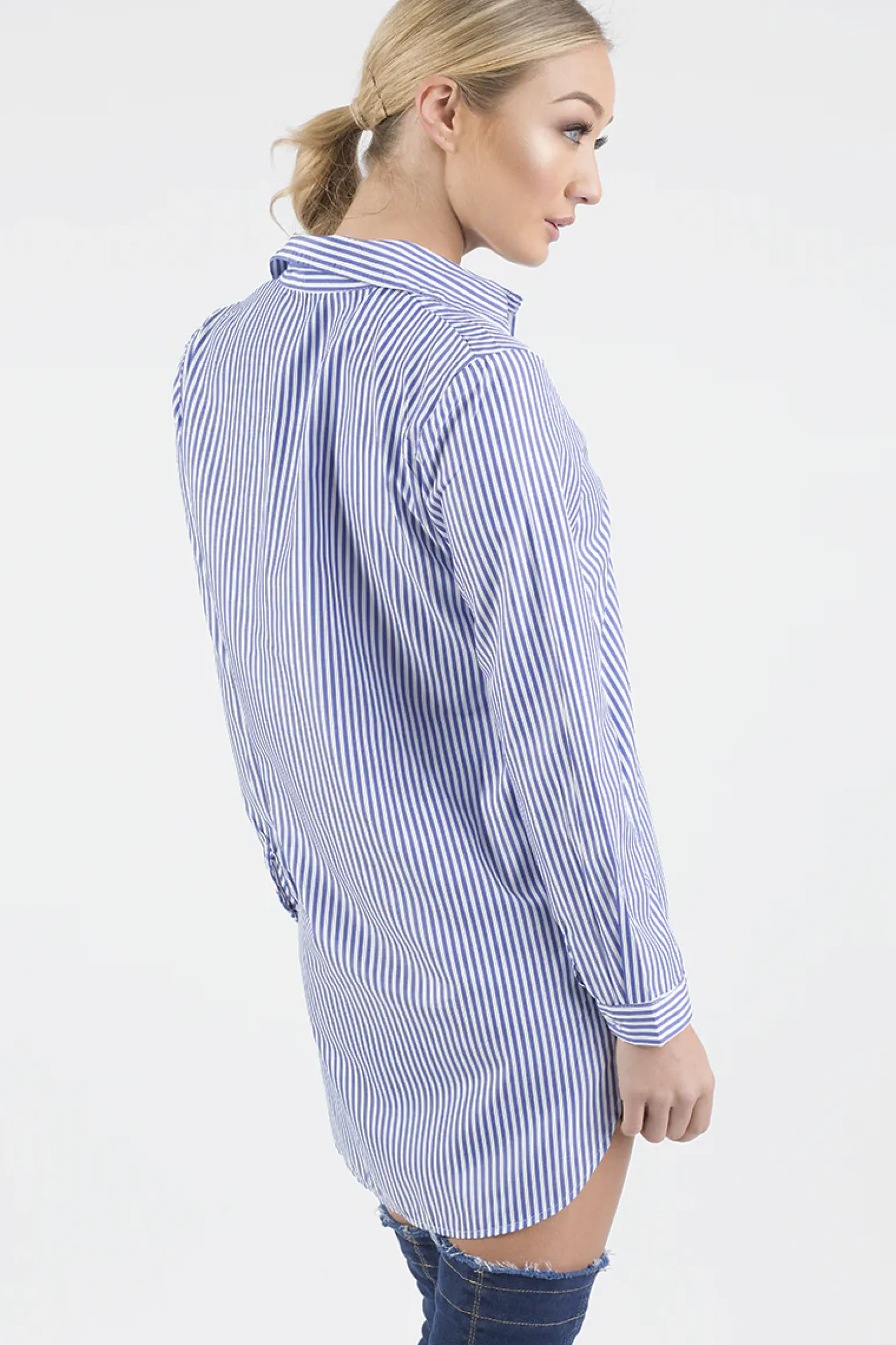 Rebellious Fashion Royal Blue Striped Embroidered Oversized Shirt - Kaya