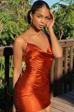 Rebellious Fashion Rust Satin Ruched Side Slip Bodycon Dress - Davie
