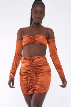 Rebellious Fashion Rust Bardot Satin Crop Top - Alana