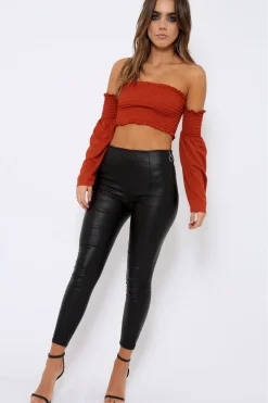 Rebellious Fashion Rust Bardot Shirred Crop Top with Flared Sleeves - Shera