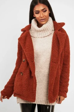 Rebellious Fashion Rust Borg Button Front Coat - Dasia