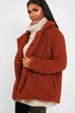 Rebellious Fashion Rust Borg Button Front Coat - Dasia