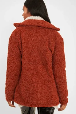 Rebellious Fashion Rust Borg Button Front Coat - Dasia