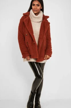 Rebellious Fashion Rust Borg Button Front Coat - Dasia