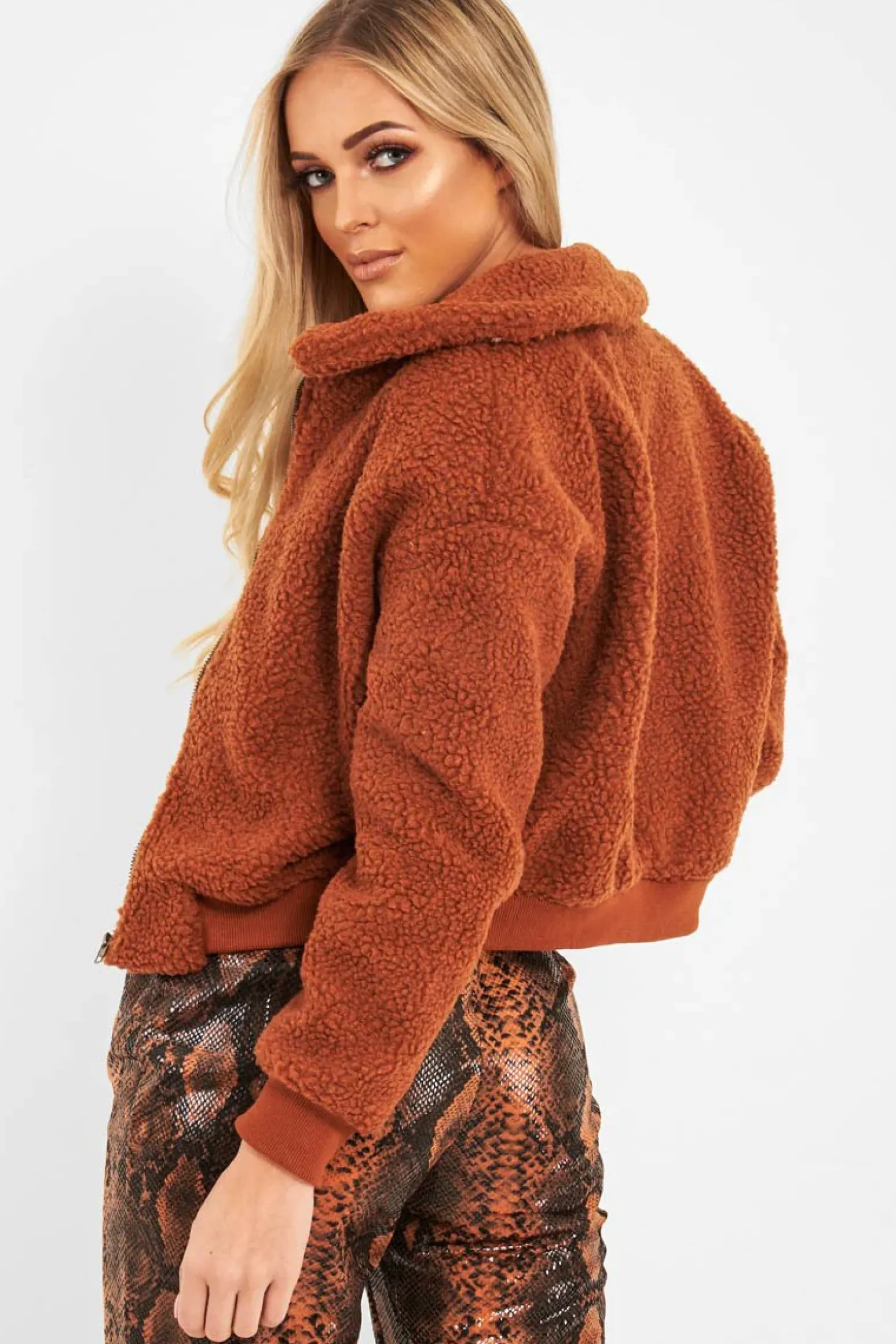Rebellious Fashion Rust Borg Cropped Bomber Jacket - Heidy