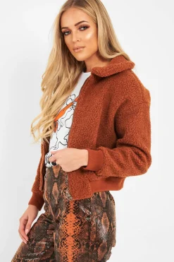 Rebellious Fashion Rust Borg Cropped Bomber Jacket - Heidy