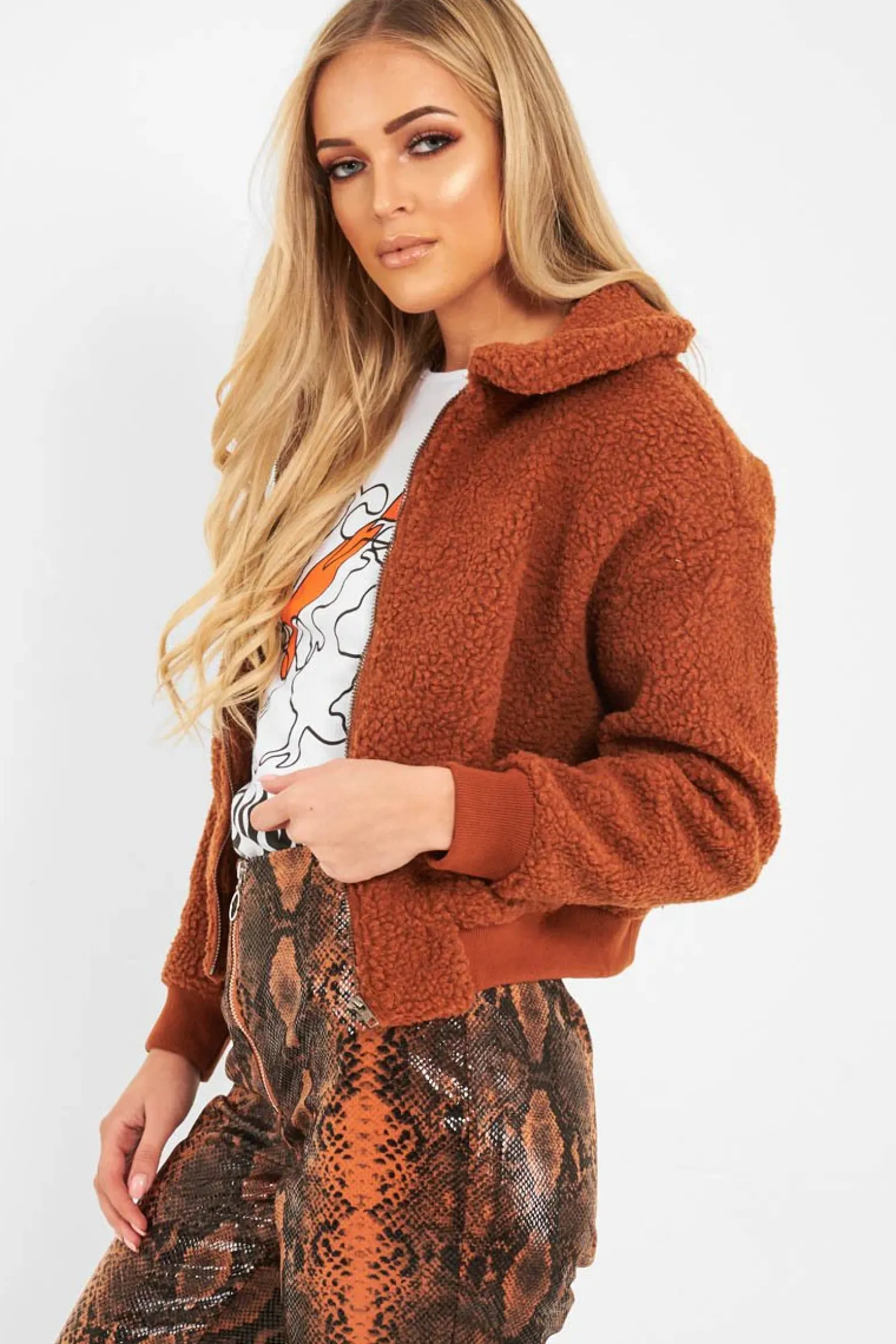 Rebellious Fashion Rust Borg Cropped Bomber Jacket - Heidy