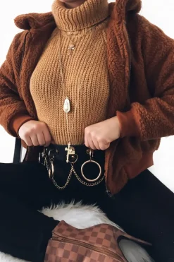 Rebellious Fashion Rust Borg Cropped Bomber Jacket - Heidy