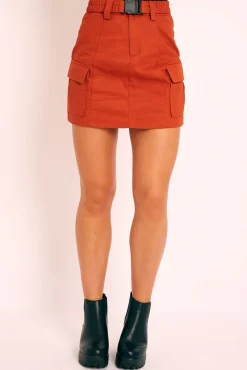 Rebellious Fashion Rust Buckle Belted Utility Skirt - Fallyn