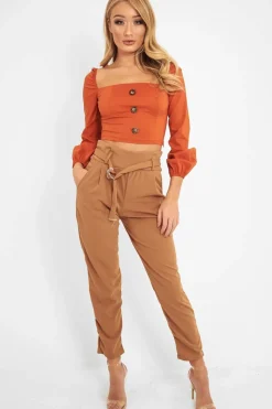 Rebellious Fashion Rust Button Front Puff Sleeve Crop Top - Analiese