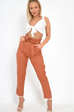 Rebellious Fashion Rust Check Paper Bag Trousers - Irma