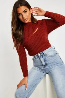 Rebellious Fashion Rust Chest Cut Out Knit Jumper - Heather