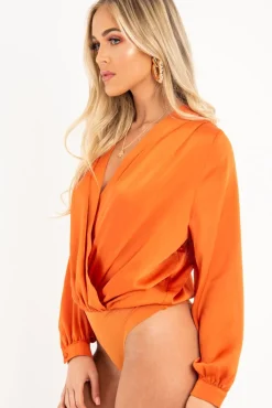 Rebellious Fashion Rust Chiffon Plunge Blouson Sleeve Bodysuit - Liah