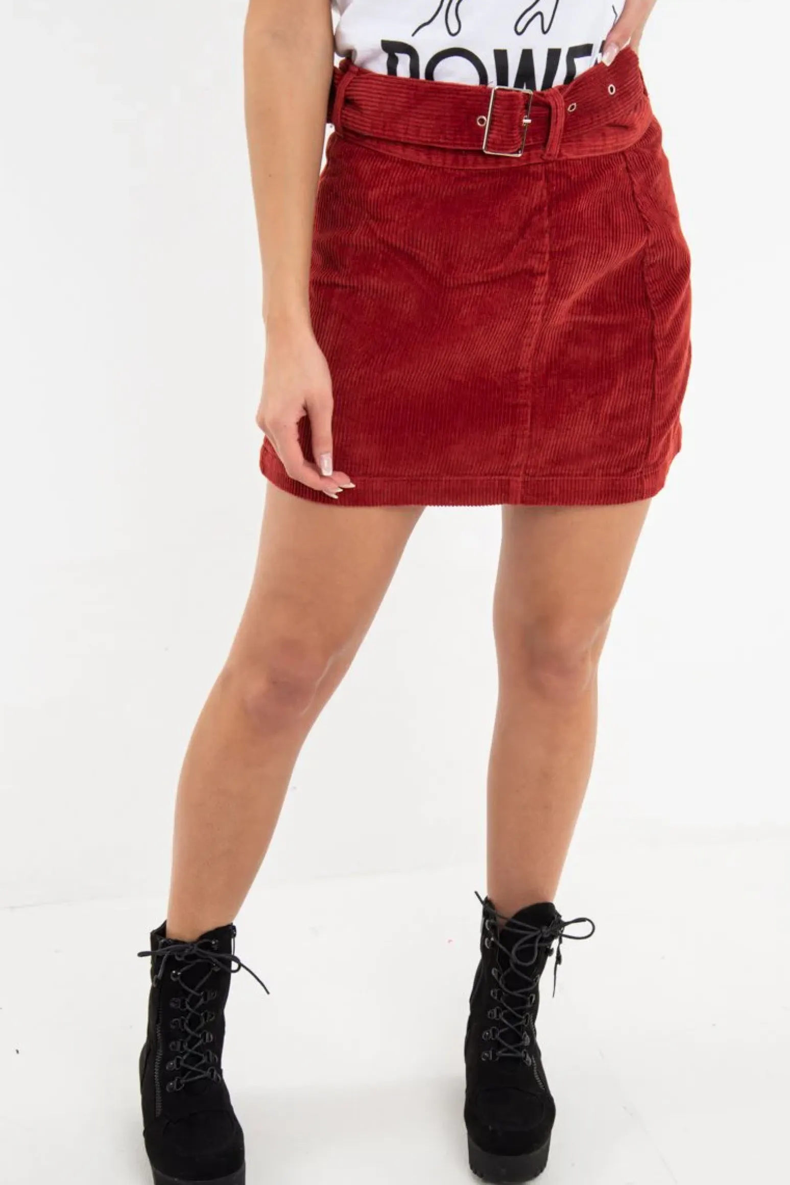 Rebellious Fashion Rust Corduroy Belted Mini Skirt - Mariel