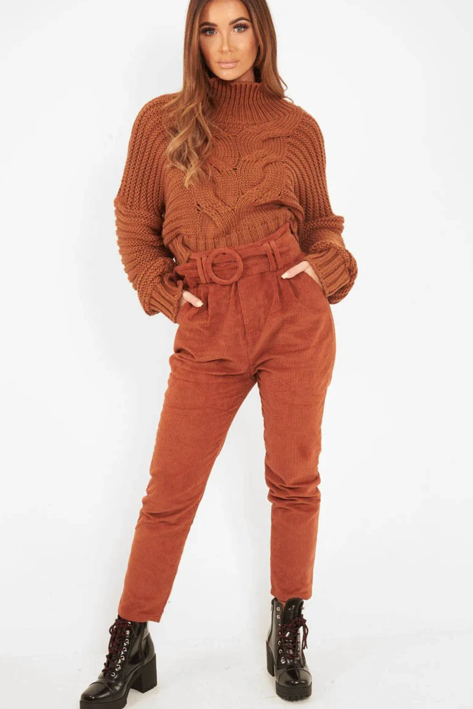 Rebellious Fashion Rust Corduroy Belted Tapered Trousers - Janelle