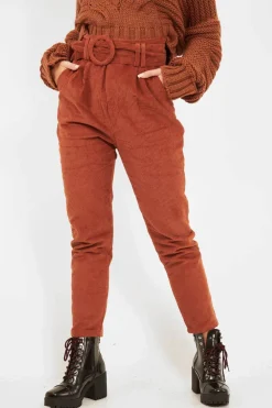 Rebellious Fashion Rust Corduroy Belted Tapered Trousers - Janelle