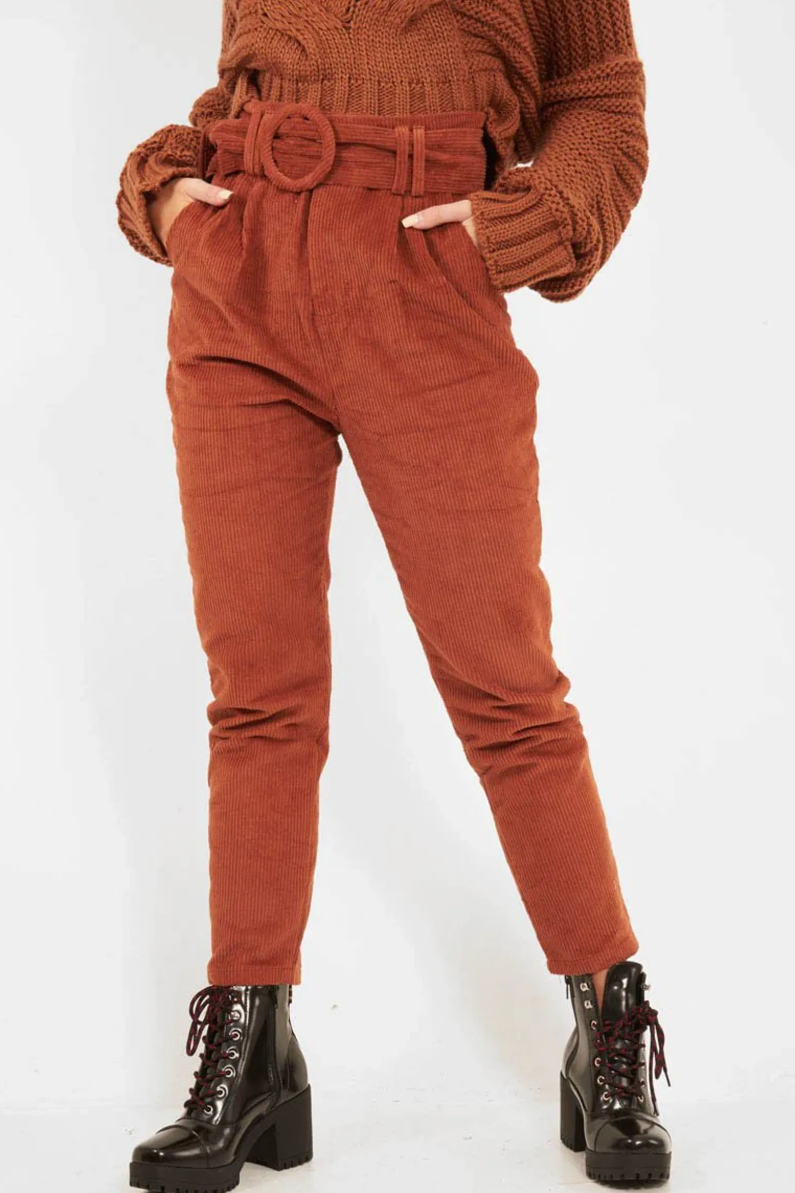 Rebellious Fashion Rust Corduroy Belted Tapered Trousers - Janelle