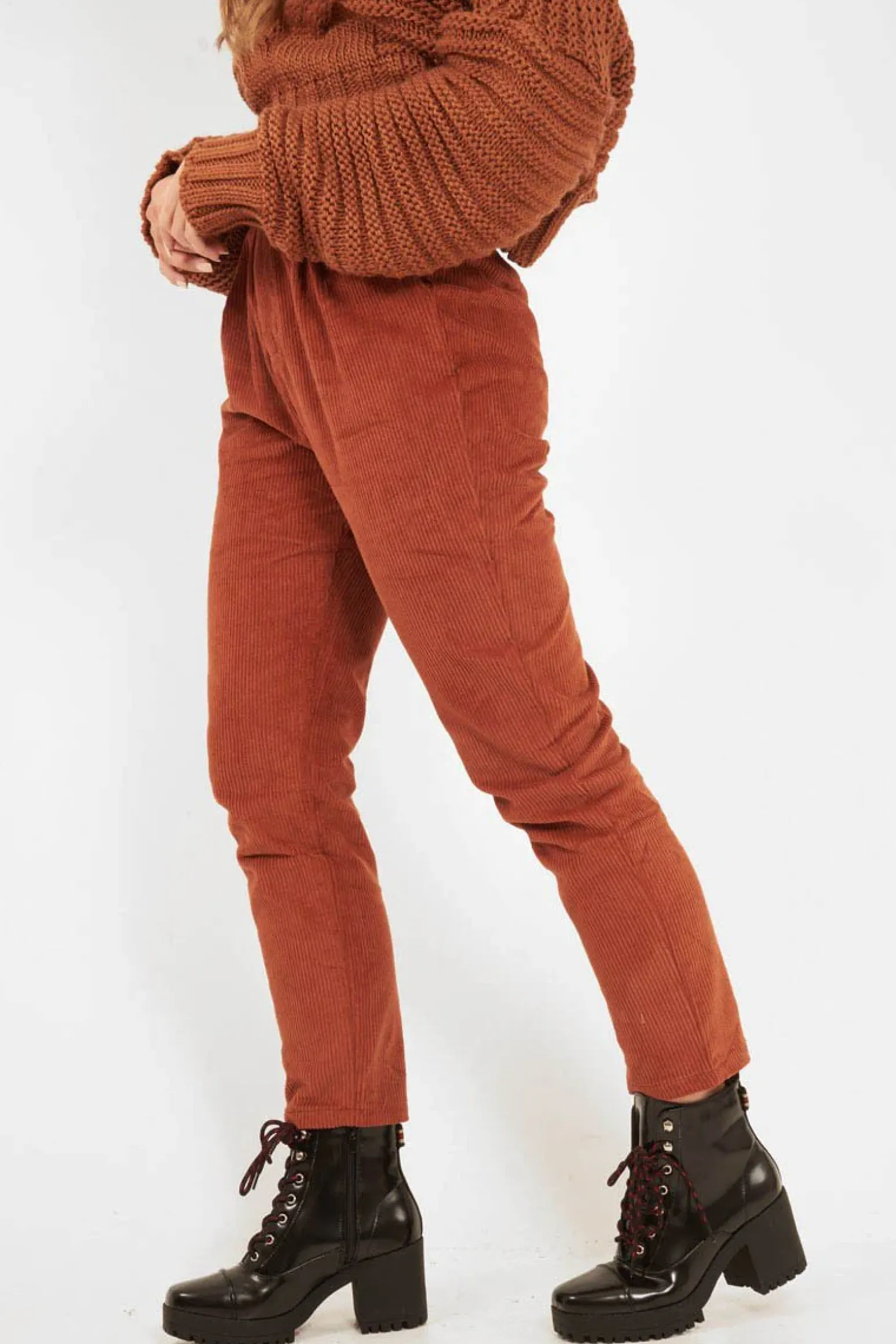 Rebellious Fashion Rust Corduroy Belted Tapered Trousers - Janelle