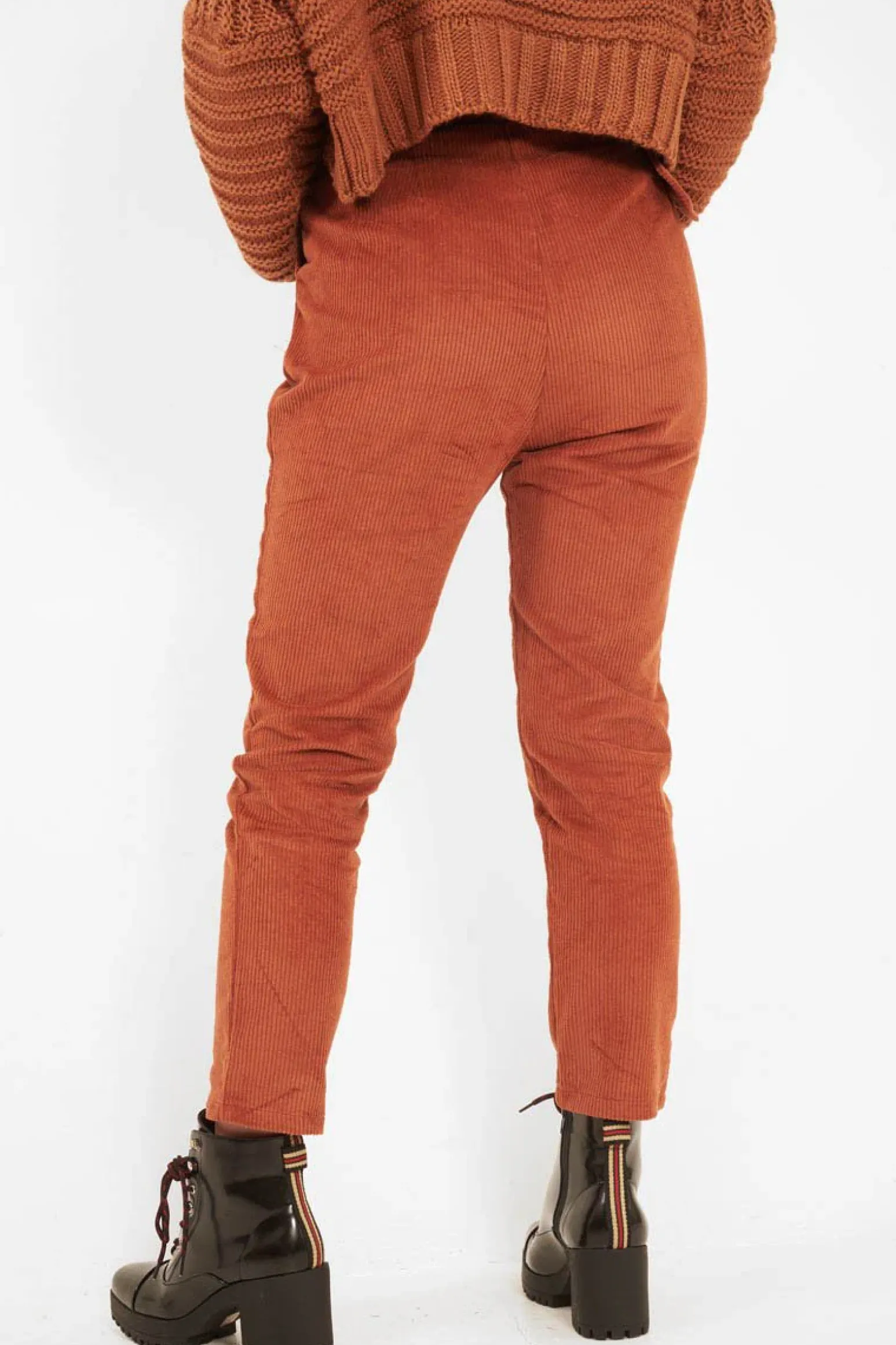 Rebellious Fashion Rust Corduroy Belted Tapered Trousers - Janelle