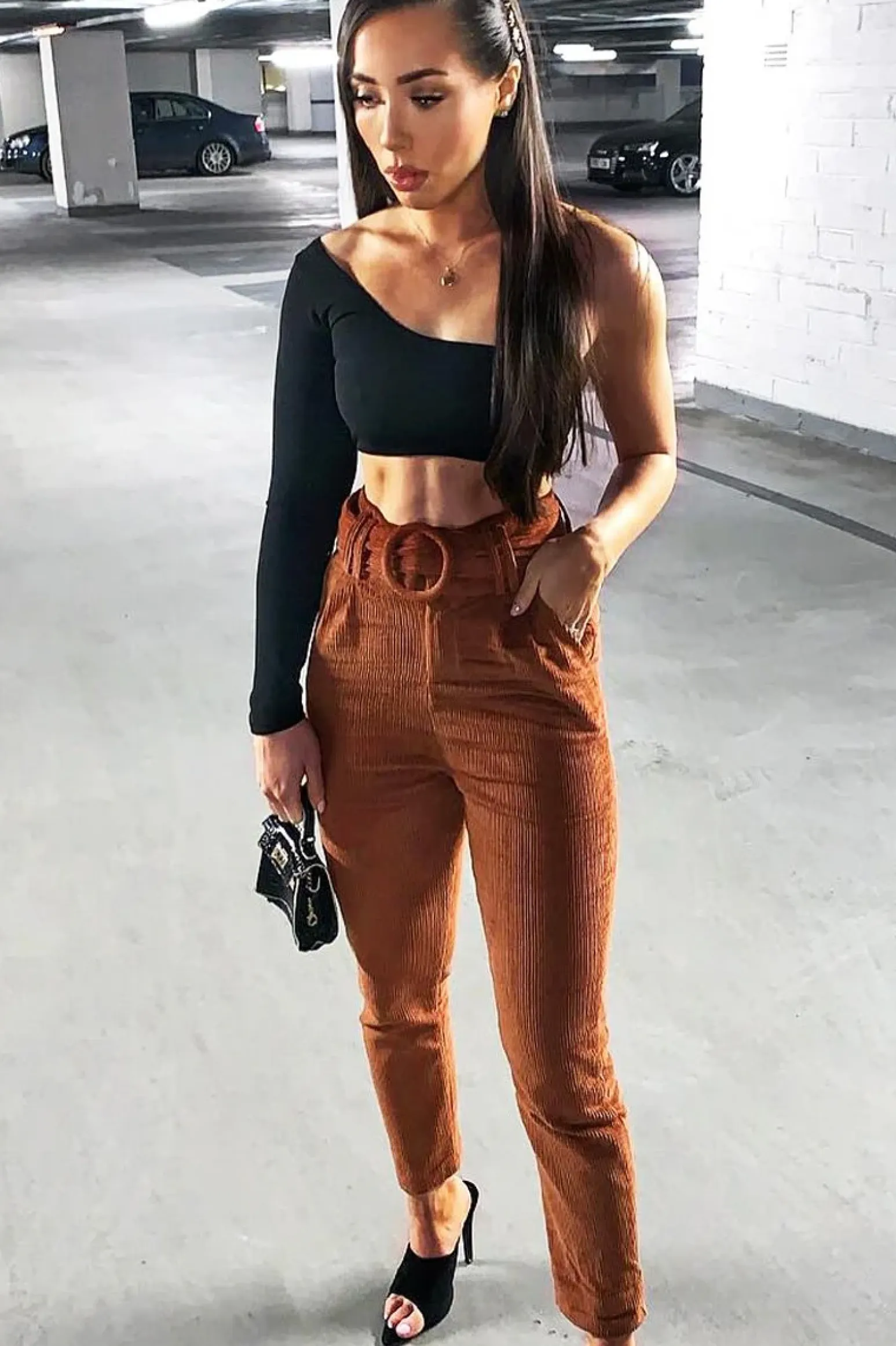 Rebellious Fashion Rust Corduroy Belted Tapered Trousers - Janelle