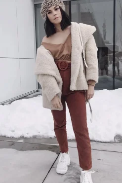 Rebellious Fashion Rust Corduroy Belted Tapered Trousers - Janelle