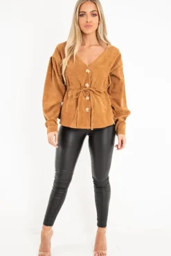 Rebellious Fashion Rust Corduroy Drawstring Buttoned Blouse - Willard