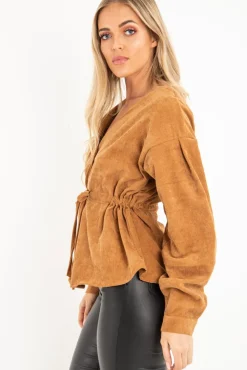 Rebellious Fashion Rust Corduroy Drawstring Buttoned Blouse - Willard