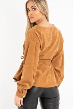 Rebellious Fashion Rust Corduroy Drawstring Buttoned Blouse - Willard