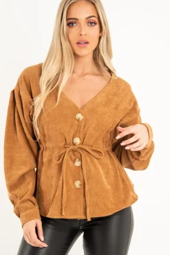 Rebellious Fashion Rust Corduroy Drawstring Buttoned Blouse - Willard