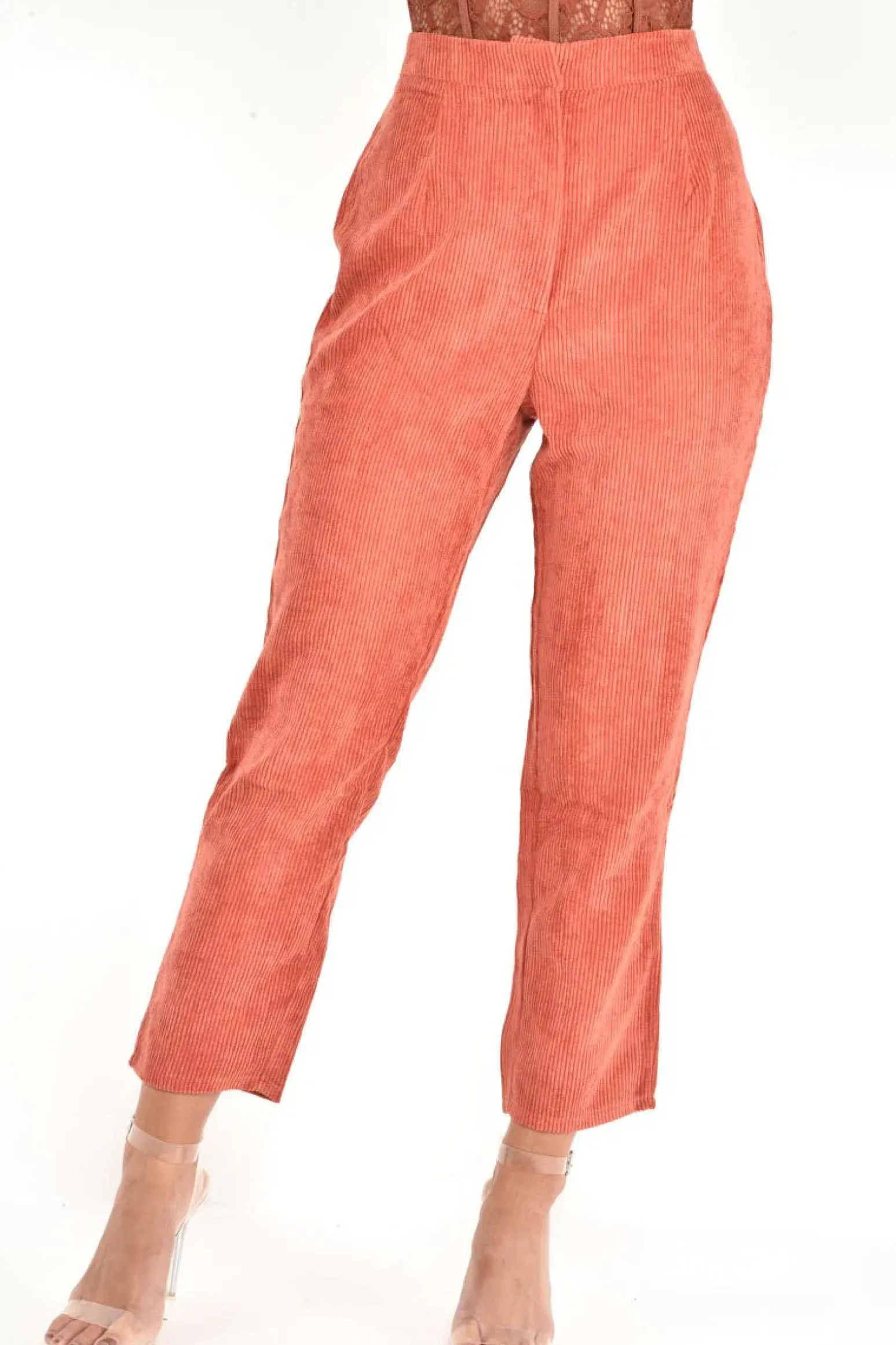 Rebellious Fashion Rust Corduroy High Waist Tapered Trousers - Emmelia