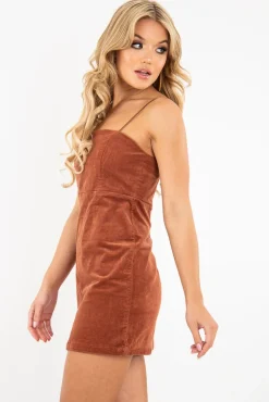 Rebellious Fashion Rust Corduroy Spaghetti Strap Mini Dress - Holli