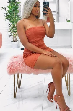 Rebellious Fashion Rust Corduroy Spaghetti Strap Mini Dress - Holli