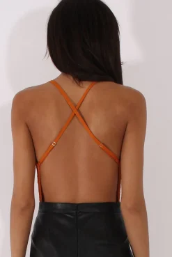Rebellious Fashion Rust Crochet Cross Back Bodysuit - Crecia