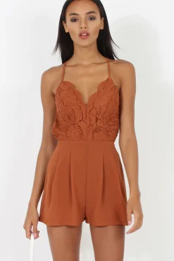 Rebellious Fashion Rust Crochet Cross Back Playsuit - Quinn